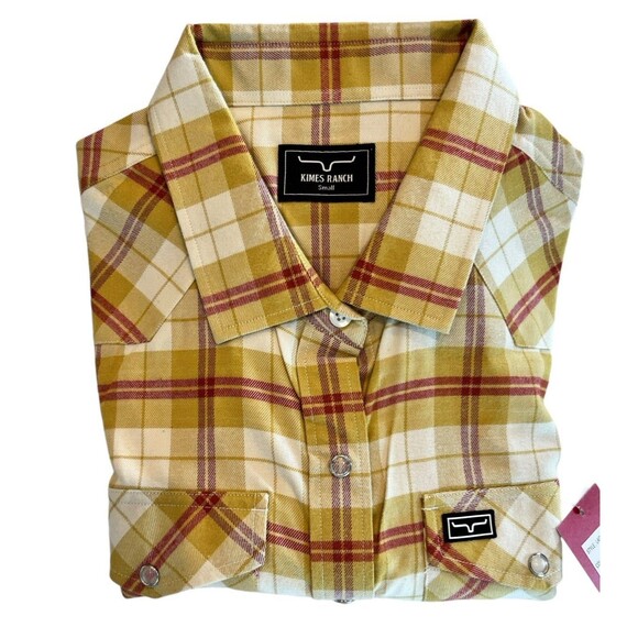 Kimes Ranch Flannel Western Shirt Womens NWT Sz S Gold Plaid Snap Button… - Picture 3 of 8